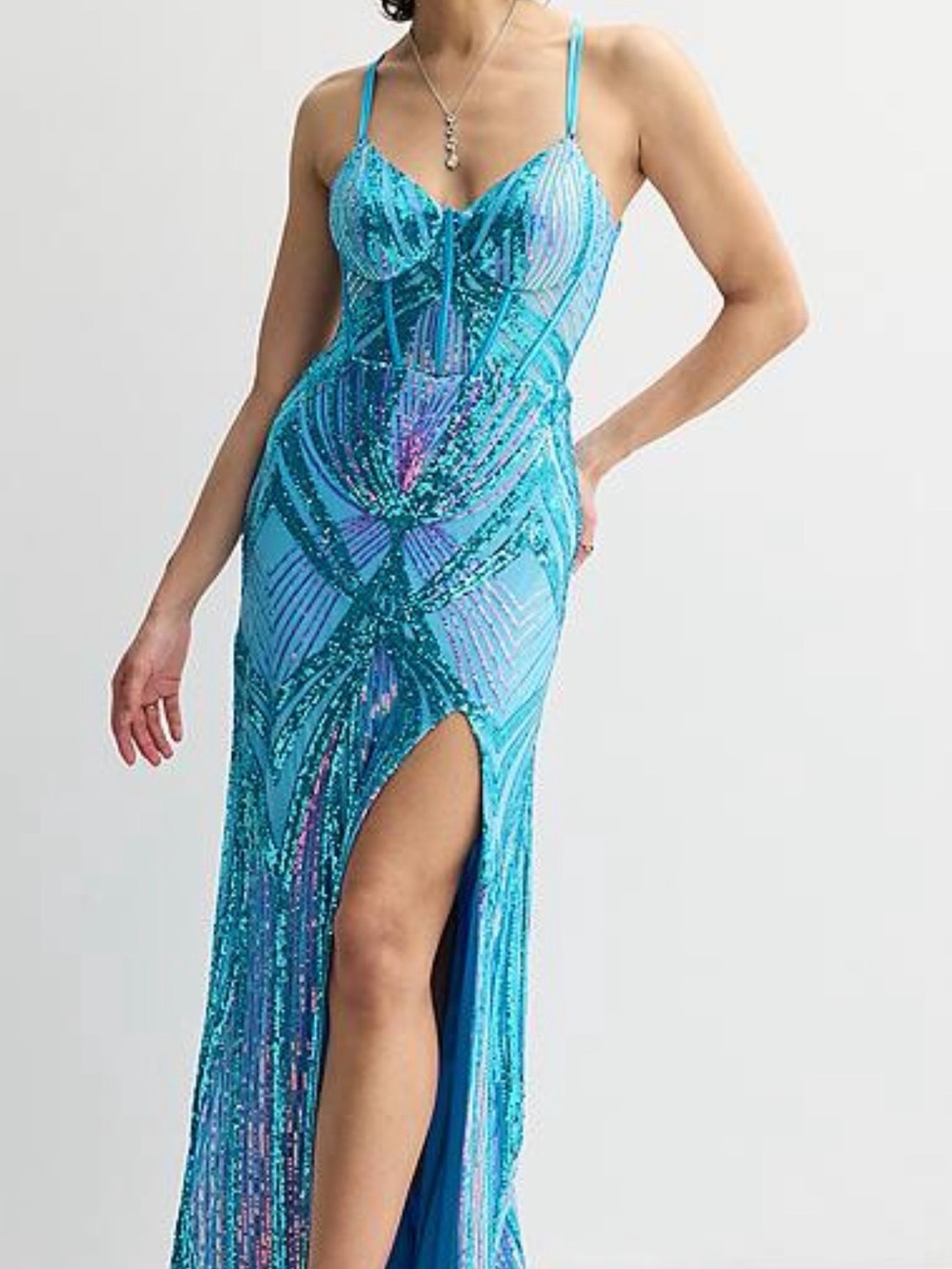 Turquoise Sequined Spaghetti-Strap Evening Gown size 7